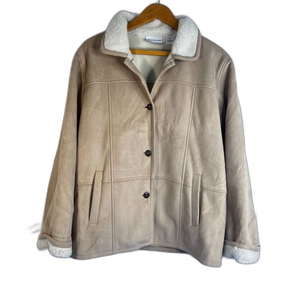 Alfred Dunner Suede Look Faux Fur Trim Jacket Boho Neutral Fall Layer Size 14P - Picture 1 of 12